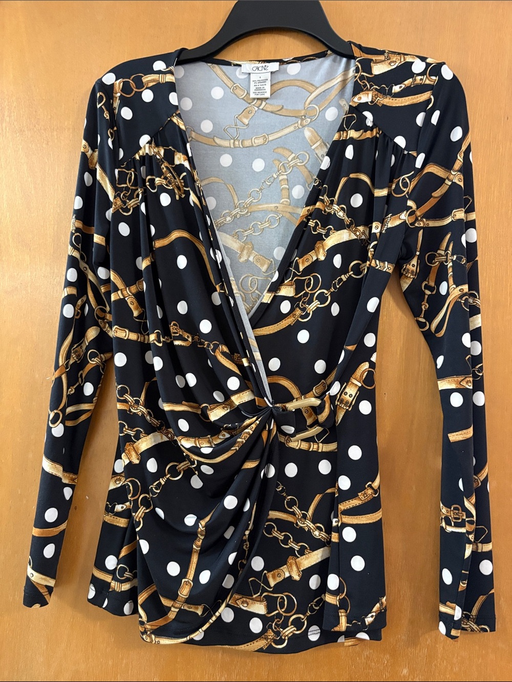 Cache Black Polka Dot & Gold Chain Print Twist Front Blouse